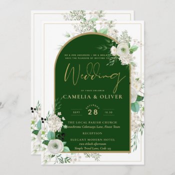 Summer White Roses Emerald Green Arch Wedding Invitation