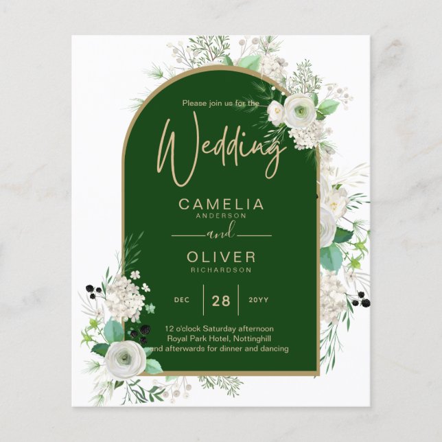 Summer White Roses Emerald Greenery Wedding Flyer (Front)
