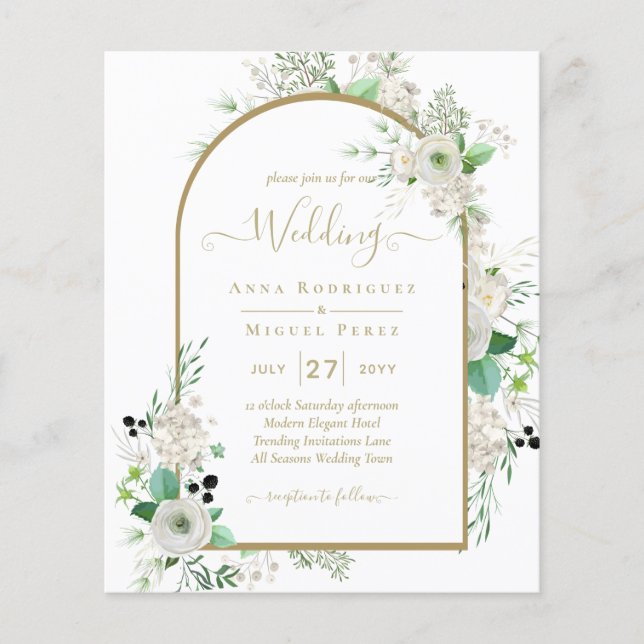 Summer White Roses Emerald Sage Greenery WEDDING Flyer (Front)