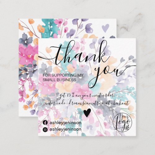 Summer wild floral watercolor order thank you square business card