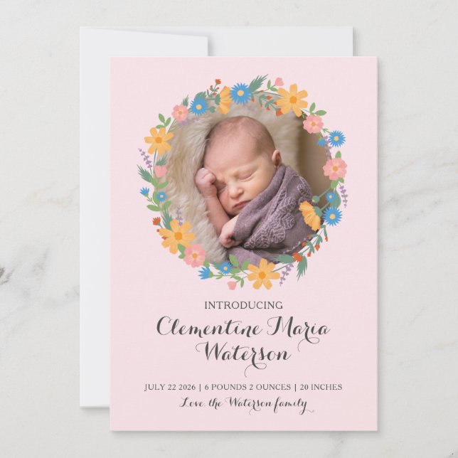 Summer Wildflower Baby Girl Birth Announcement (Front)