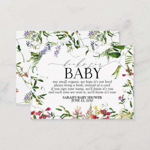 Summer Wildflower Baby Shower Book Request Enclosu Enclosure Card - Designed to coordinate with our Summer Wildflower Baby Shower suite, this sweet enclosure card features bright, hand painted watercolor wildflower artwork, hand lettered script typography, and elegant text. We hope you love it as much as we do! Veiw suite here https://www.zazzle.com/collections/summer_wildflower_baby_shower-119733764333473236 Contact designer for matching products. Copyright Elegant Invites, all rights reserved.