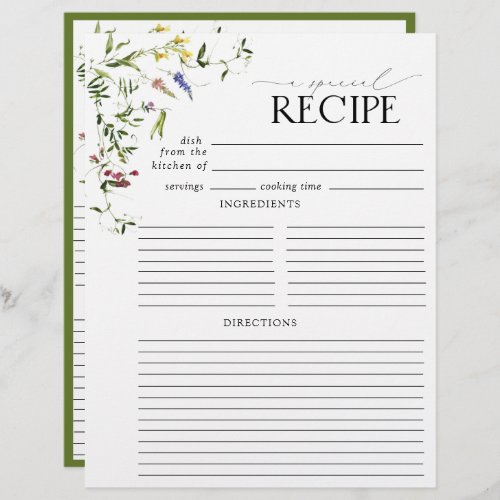 Summer Wildflower Bridal Shower Recipe Binder Page