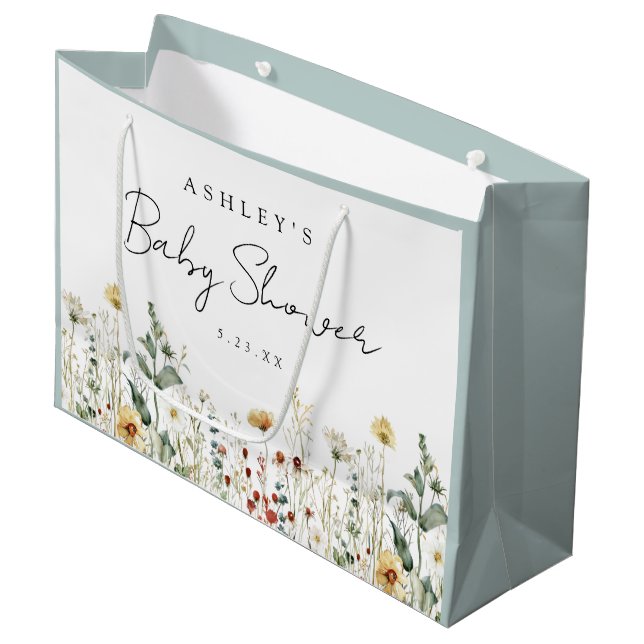 Summer Wildflower Field Baby Shower Large Gift Bag (Front Angled)
