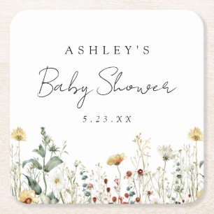 Summer Wildflower Field Baby Shower Square Paper Coaster