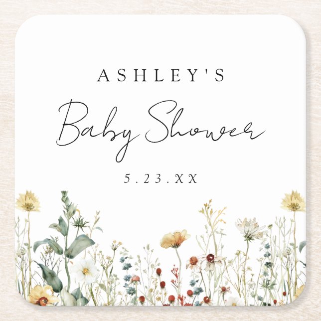 Summer Wildflower Field Baby Shower Square Paper Coaster (Front)