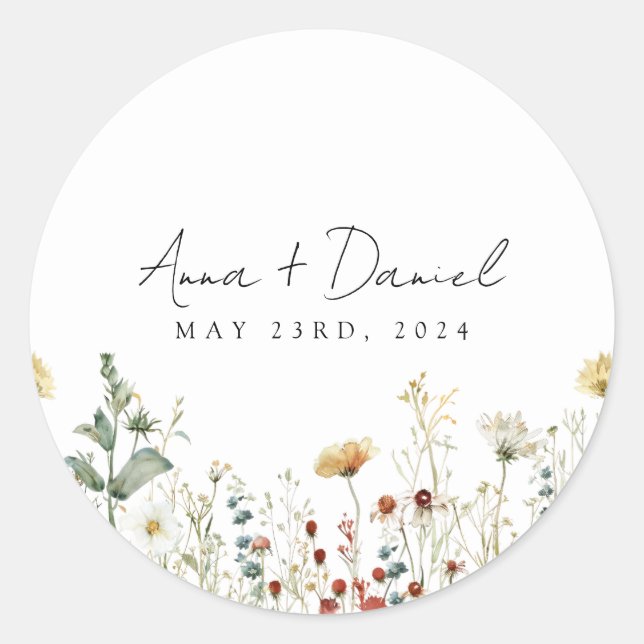Summer Wildflower Field Wedding Classic Round Sticker (Front)