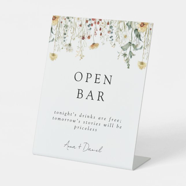 Summer Wildflower Field Wedding Open Bar Pedestal Sign (Front)