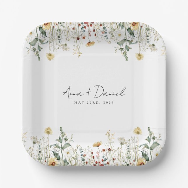 Summer Wildflower Field Wedding Paper Plates (Front)