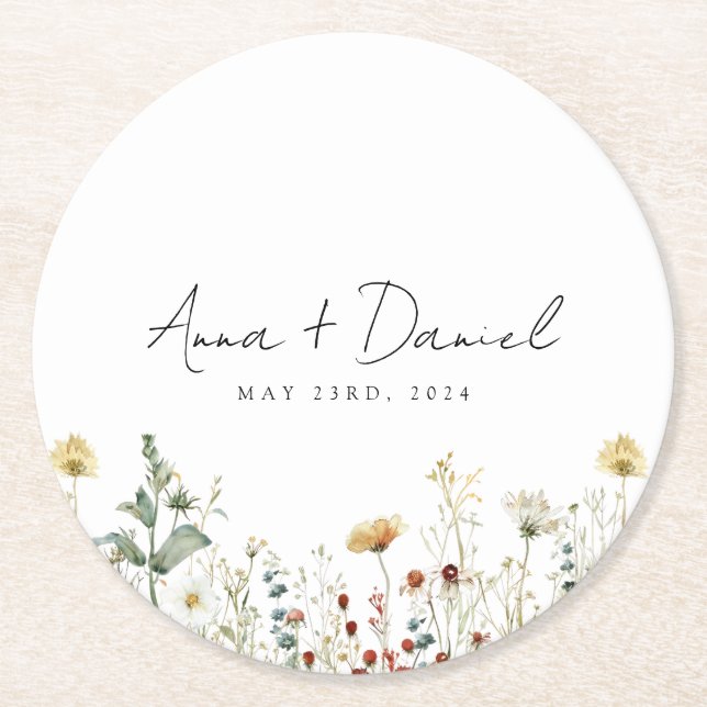 Summer Wildflower Field Wedding Round Paper Coaster (Front)
