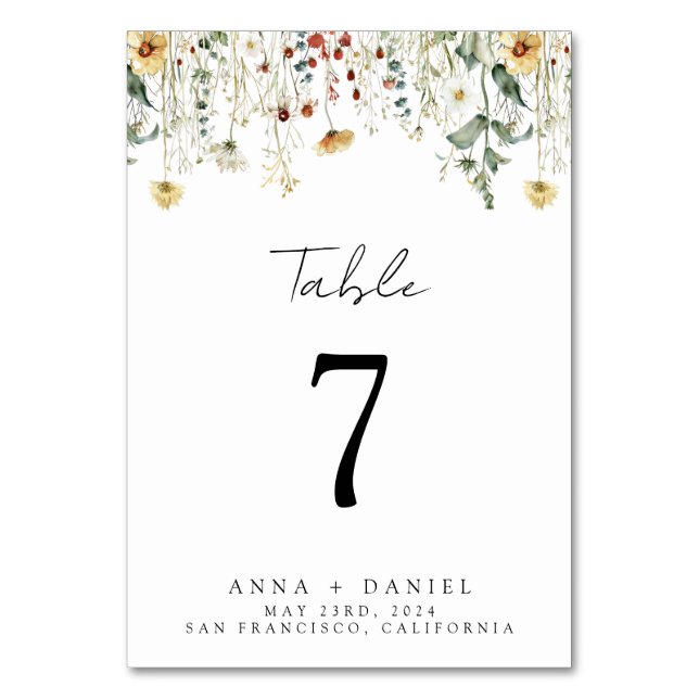 Summer Wildflower Field Wedding Table Number (Front)
