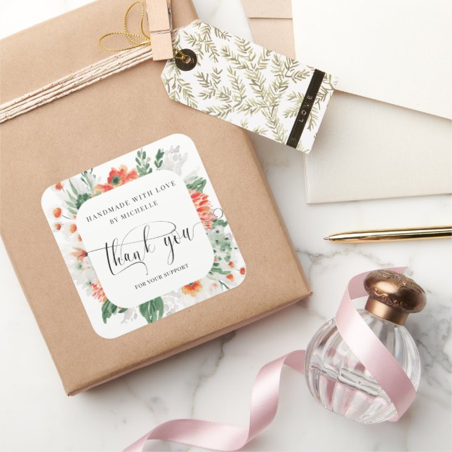 summer wildflower handmade with love thank you square sticker (Gifting)