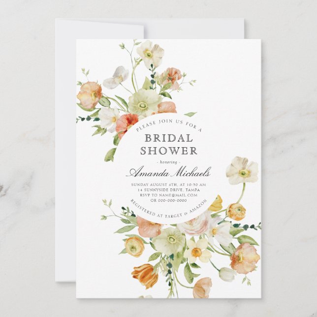 Summer Wildflower Peach Blush Floral Bridal Shower Invitation (Front)