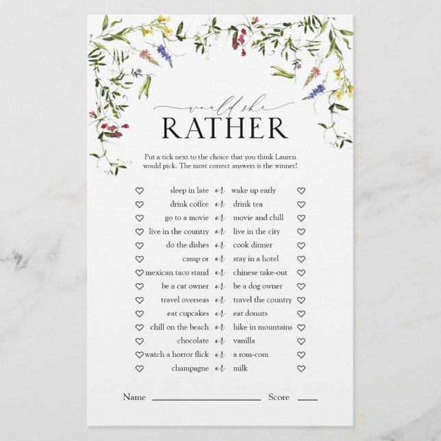 Summer Wildflower Watercolor Bridal Shower Game (Front)