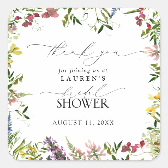 Summer Wildflower Watercolor Shower Thank You Square Sticker (Front)