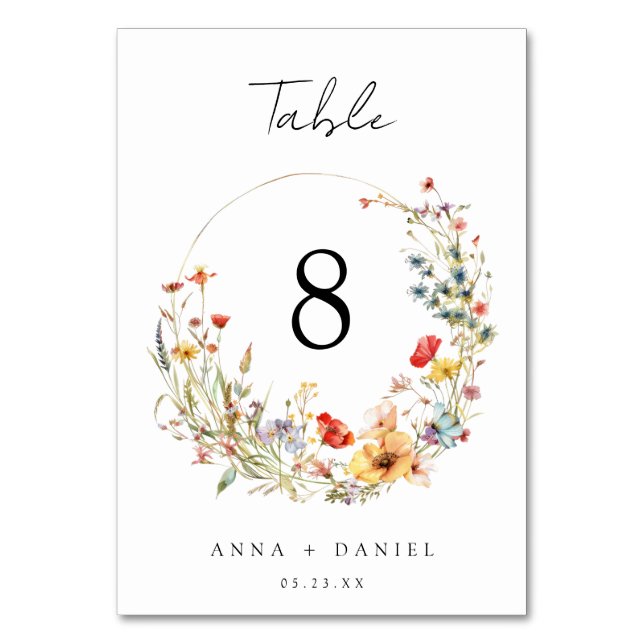 Summer Wildflower Wedding Table Number (Front)