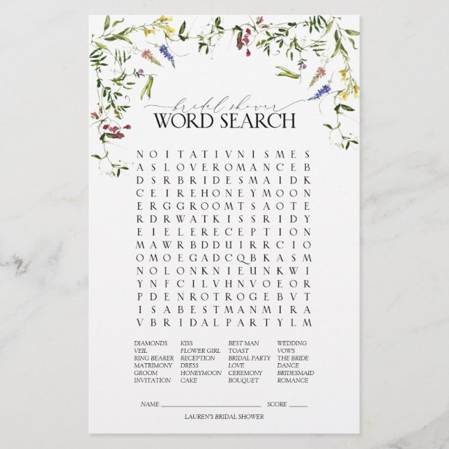 Summer Wildflower Word Search Bridal Shower Game (Front)