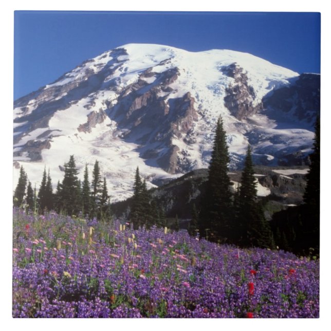 summer wildflowers at the base of Mount Rainier, 2 Ceramic Tile (Front)