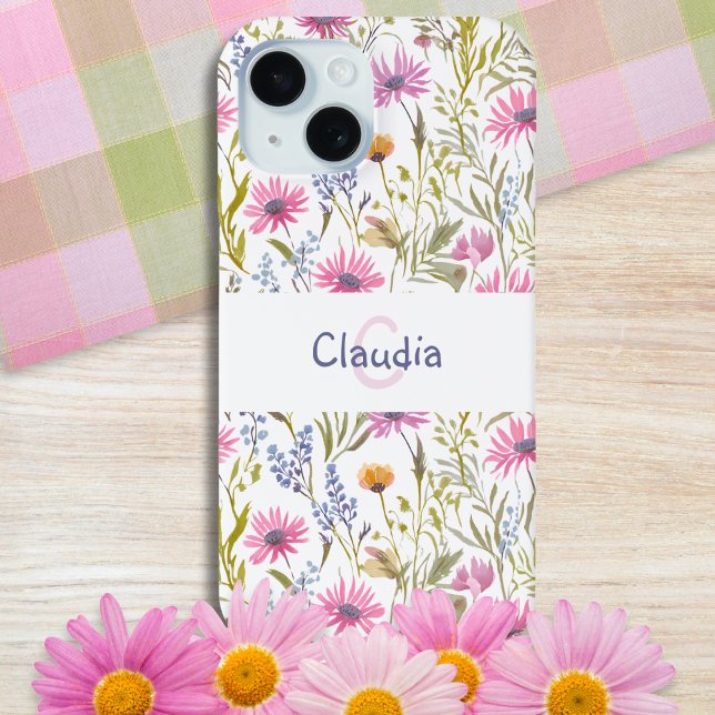 Summer Wildflowers Botanical Garden Monogrammed Case-Mate iPhone Case (A pretty phone case with wildflowers design, personalized with initial and name as a monogram)