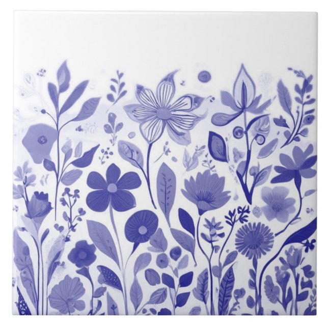 Summer Wildflowers - Dark Blue and White Flowers Ceramic Tile (Front)