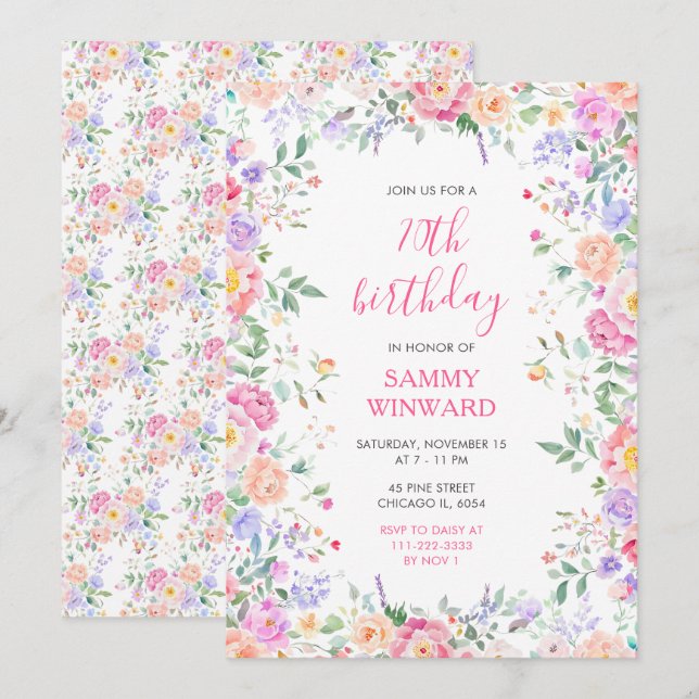 Summer Wildflowers Floral 70th Birthday Party Invitation (Front/Back)