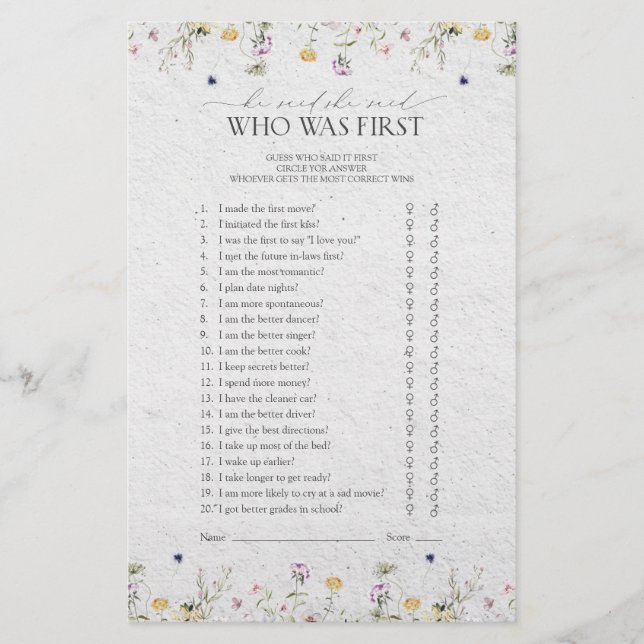 Summer Wildflowers He Said She Said Shower Game (Front)