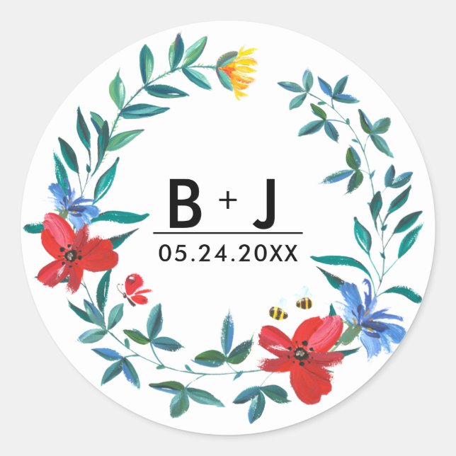 Summer Wildflowers Monogram Wedding Classic Round Sticker (Front)