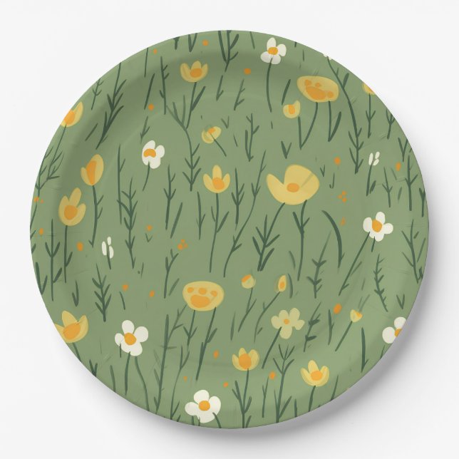 Summer Wildflowers On Green Paper Plates (Front)