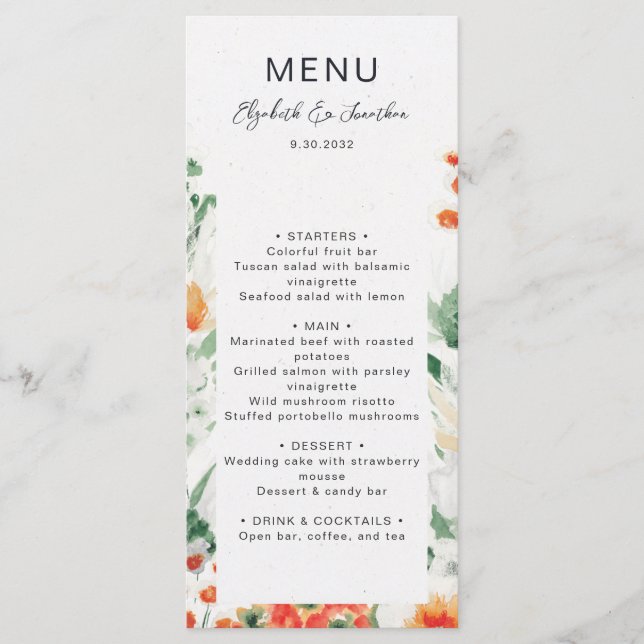 Summer wildflowers orange green floral wedding menu (Front)