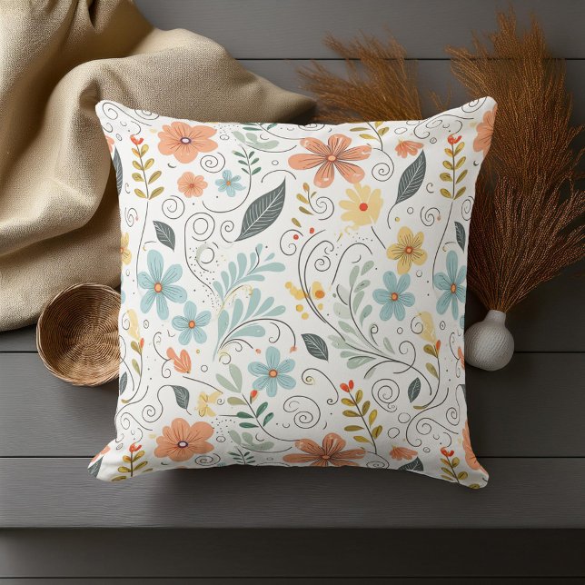 Summer Wildflowers & Swirls ID1064 Throw Pillow (Creator Uploaded)