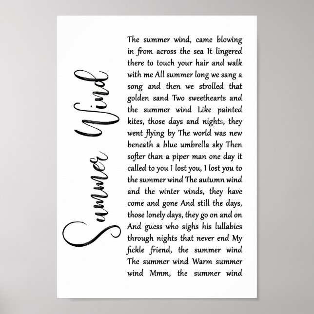 Summer Wind White Script Song Lyric Wall Art Print (Front)