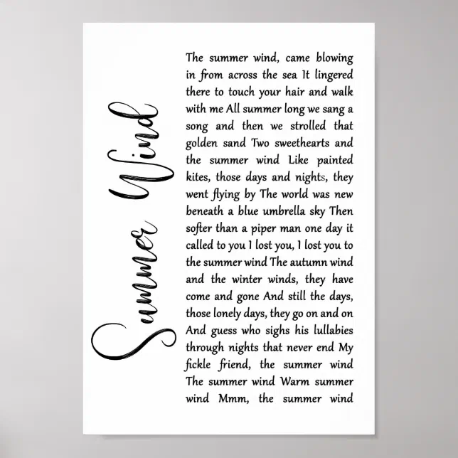 Summer Cyclone Script Summer Wind White Script Song Lyric Wall Art Print | Zazzle