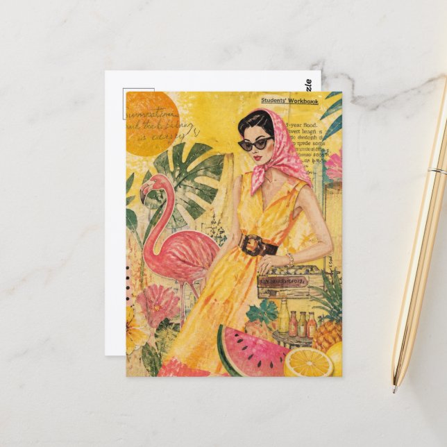 Summer Woman and Flamingo Collage Postcard (Front/Back In Situ)