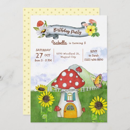 Summer Woodland Mushroom House Whimsical Birthday Invitation