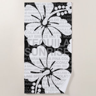 Summer Words Cocktails and Hibiscus - Black Beach Towel