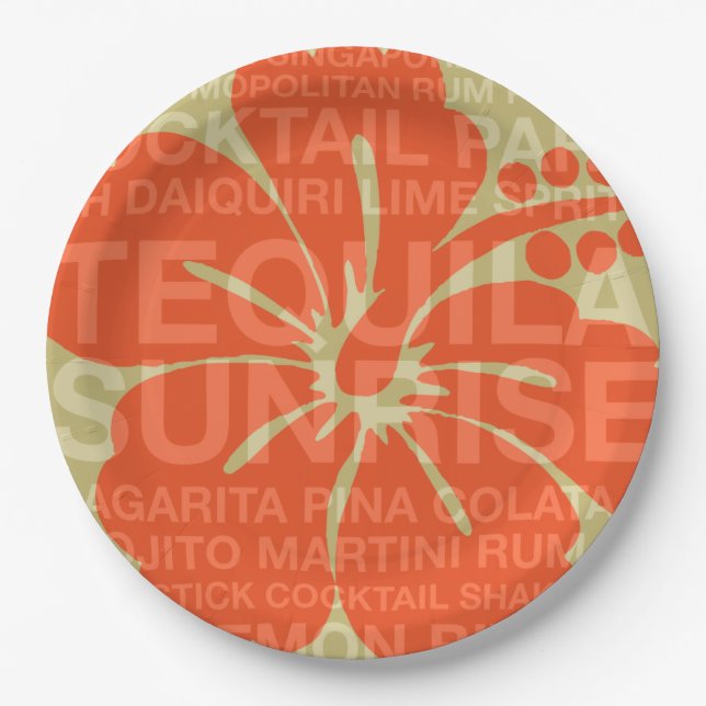Summer Words Cocktails and Hibiscus Paper Plates (Front)