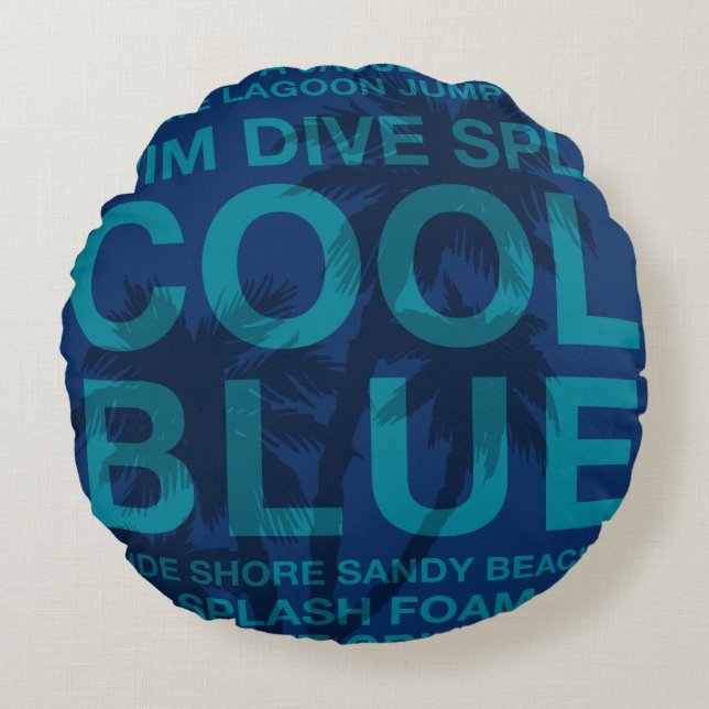 Summer Words Poolside and Hawaiian Palm Tree Round Pillow (Front)