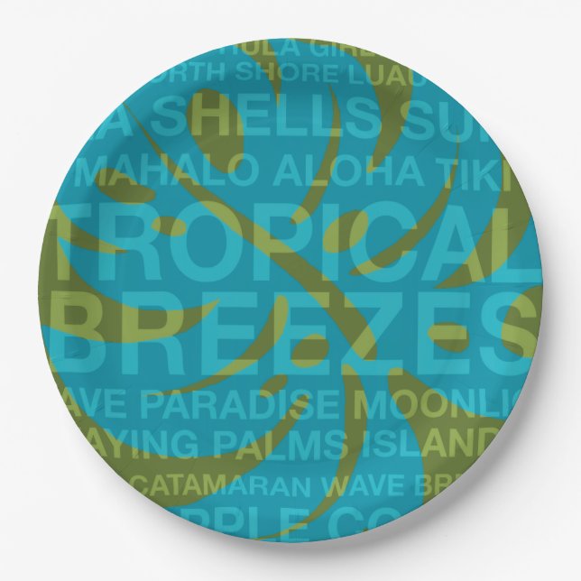 Summer Words Tropical and Monstera Leaf Paper Plates (Front)