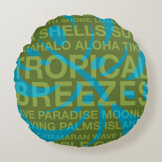 Summer Words Tropical and Monstera Leaf Reversible Round Pillow (Front)