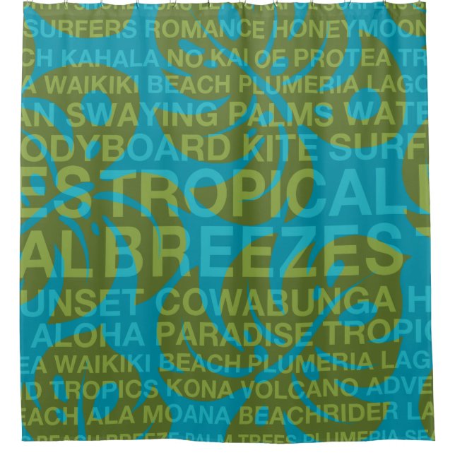 Summer Words Tropical and Monstera Leaf Shower Curtain (Front)