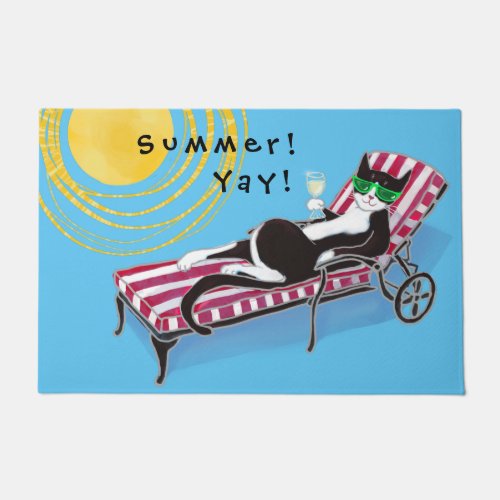 Summer yay funny tuxedo cat in shades Door Mat