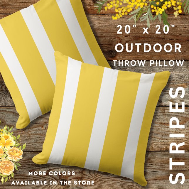 Summer Yellow And White Awning Stripes  Outdoor Pillow (Yellow And White Outdoor Striped Throw Pillows 20" x 20")