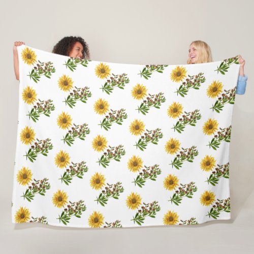 Summer Yellow Dahlia Flower Floral on White  Fleece Blanket