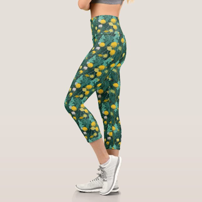 Summer Yellow Dandelions Capri Leggings (Left)