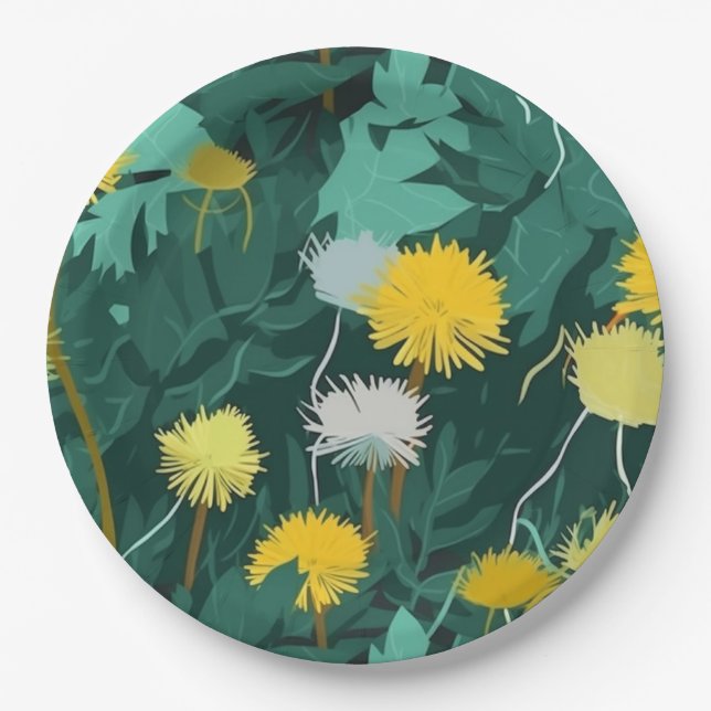 Summer Yellow Dandelions Paper Plates (Front)