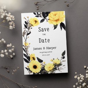 Summer yellow dark gray daisy floral Save the Date Invitation