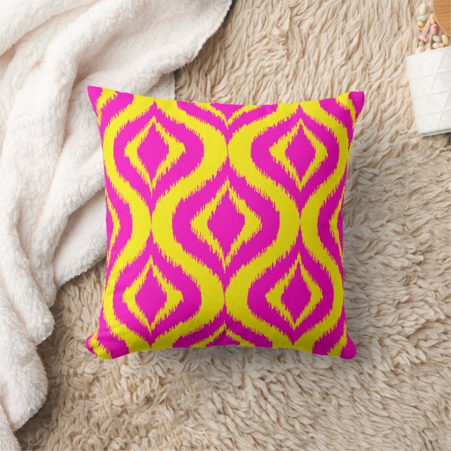 Summer Yellow Hot Pink Ikat Ogee Art Pattern Throw Pillow (Blanket)