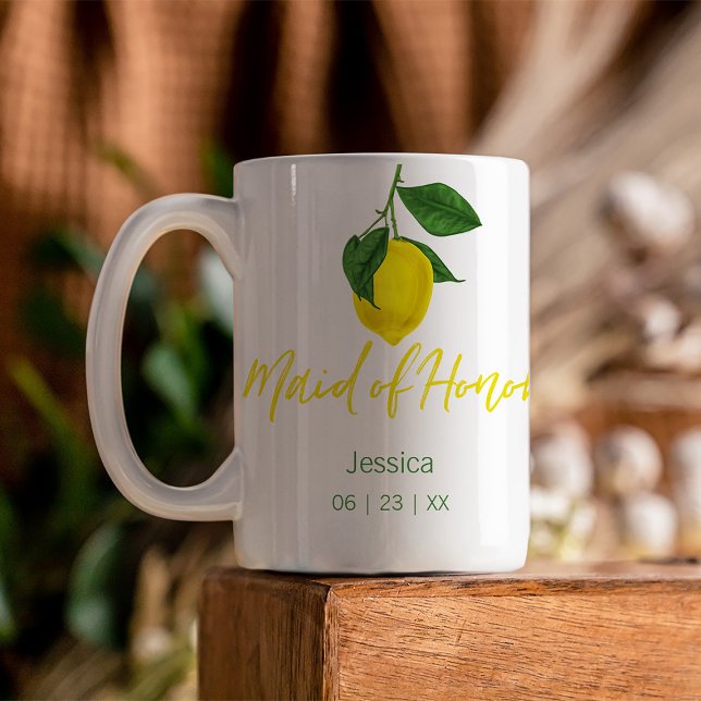 Summer Yellow Lemon Monogrammed Maid of Honor | Coffee Mug (Inspired by the fresh lemons and summer, this Bridal party mug is perfect for your lemon wedding)