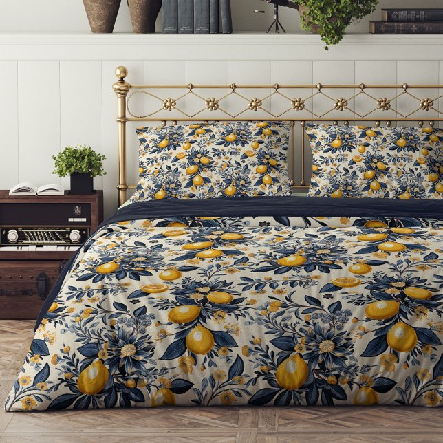 Summer yellow lemons blue flowers Mediterranean Duvet Cover (Summer yellow lemons blue flowers Mediterranean Duvet Cover)
