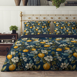 Summer yellow lemons blue flowers Mediterranean Duvet Cover